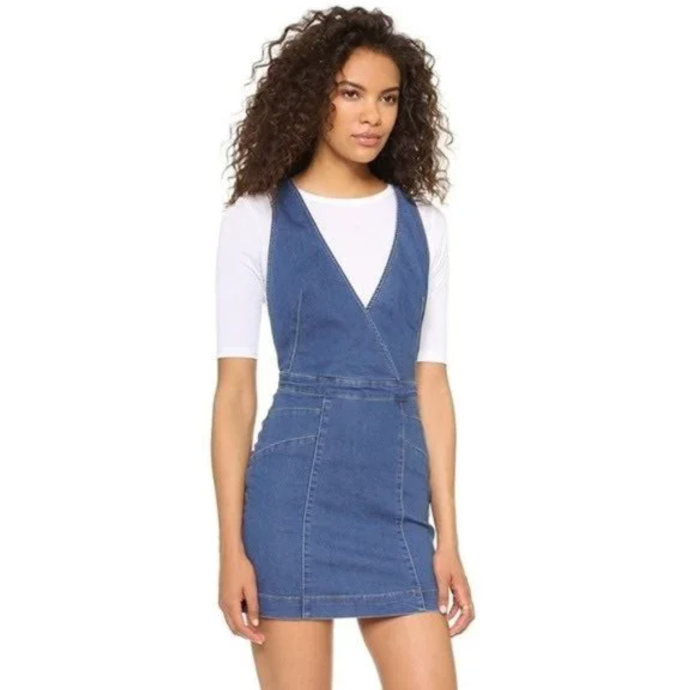 Free People Denim Mini Pinafore Dress Small Overall Jumper Jean Criss Cross